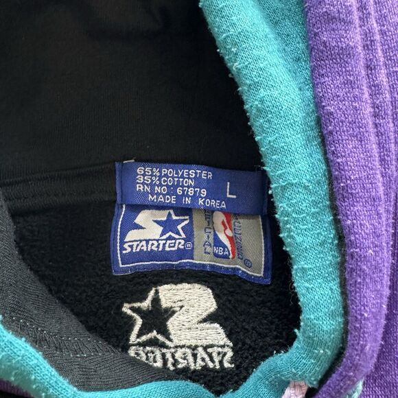 Vintage Starter Charlotte Hornets Hoodie Men’s Large Black‎ Double Faced NBA 90s - Picture 4 of 8
